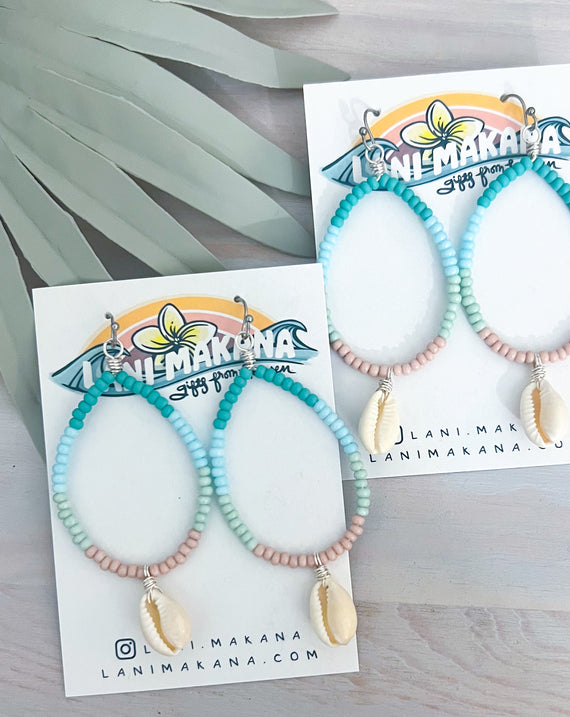 Beach Beaded Cowrie Shell Hoop Earrings - Beach Boho Seashell Earrings