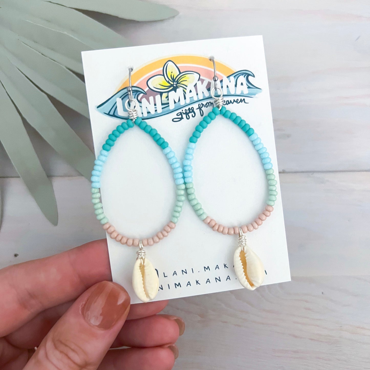 Beach Beaded Cowrie Shell Hoop Earrings - Beach Boho Seashell Earrings