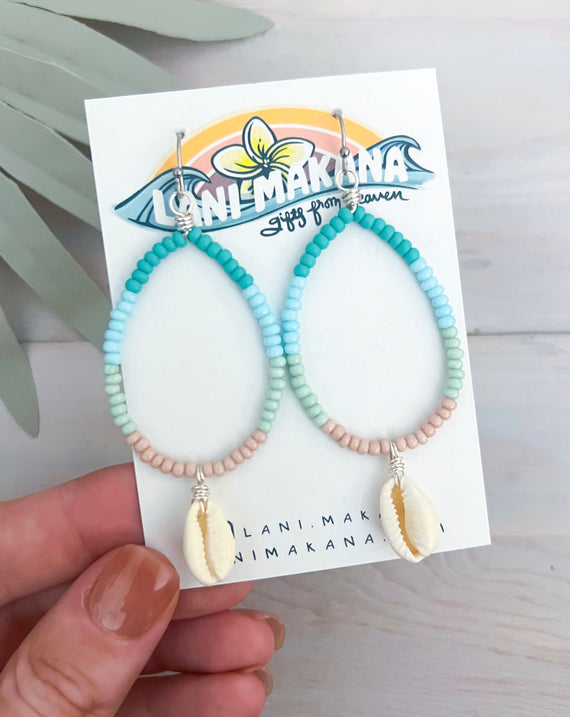 Beach Beaded Cowrie Shell Hoop Earrings - Beach Boho Seashell Earrings