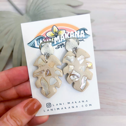 Mother of Pearl Leaf Clay Earrings | Handmade Lightweight Polymer Clay Earrings