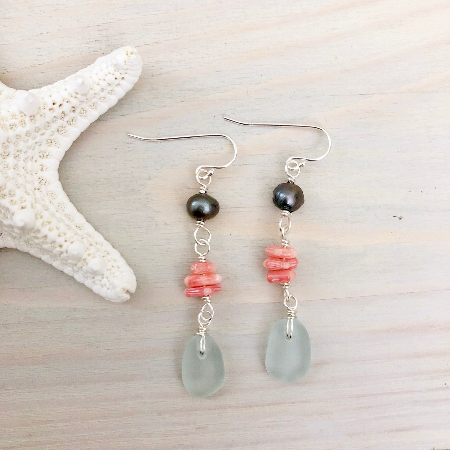 Boho Sea Glass, Pearl, & Coral Dangle Earrings