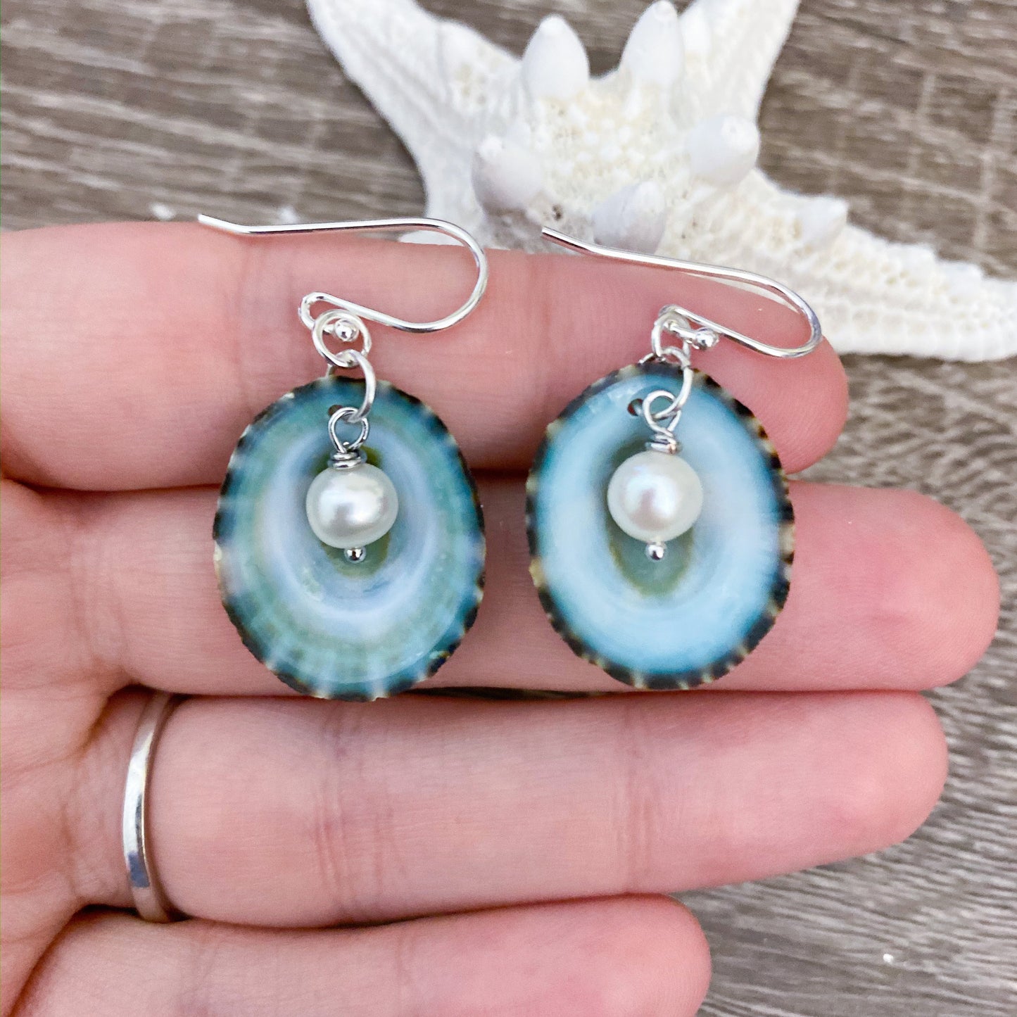 Blue Limpet Shell & Freshwater Pearl Earrings