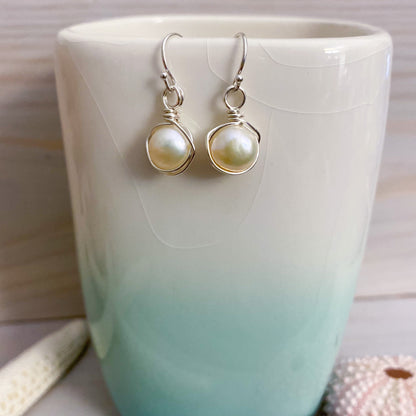 Simple Wire Wrapped Freshwater Pearl Drop Earrings