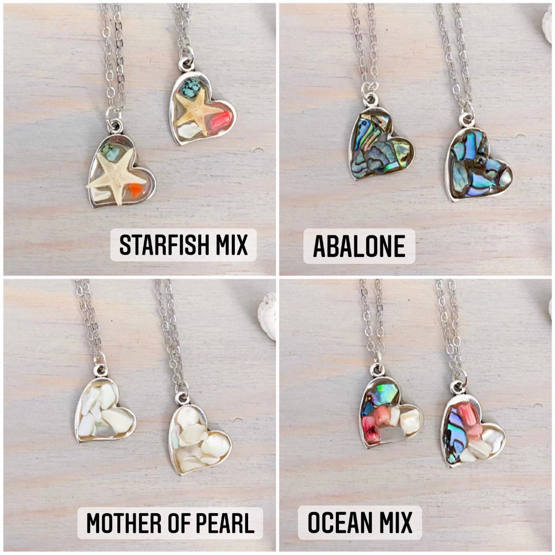 Beach Heart Mosaic Necklace - Abalone - Mother of Pearl - Beach Coral - Real Starfish Necklace