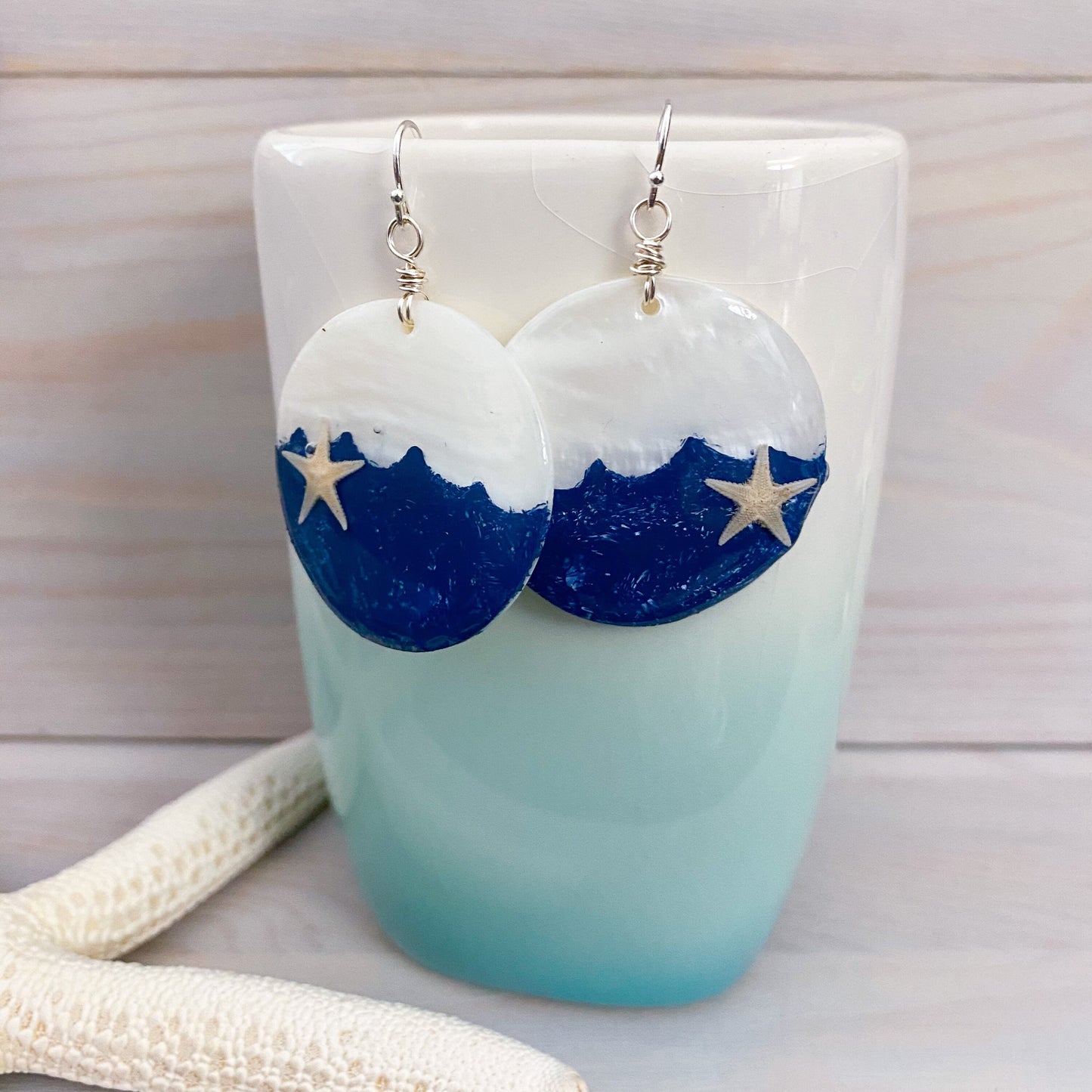 Hand Painted Beach Wave Mother of Pearl Earrings