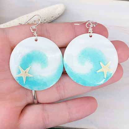 Hand Painted Beach Wave Mother of Pearl Earrings