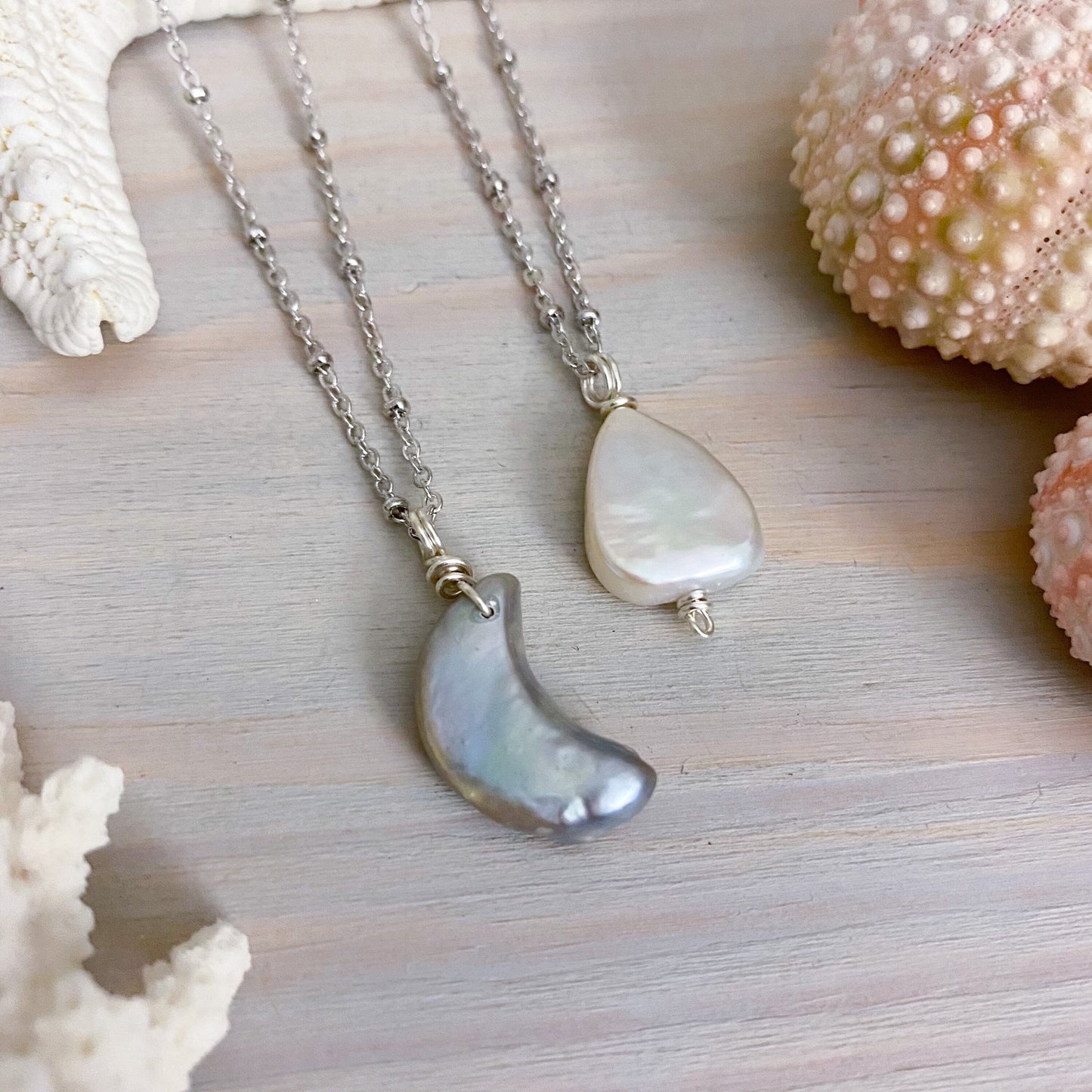 Freshwater Pearl Teardrop or Moon Necklace - Simple Pearl Pendant Necklace