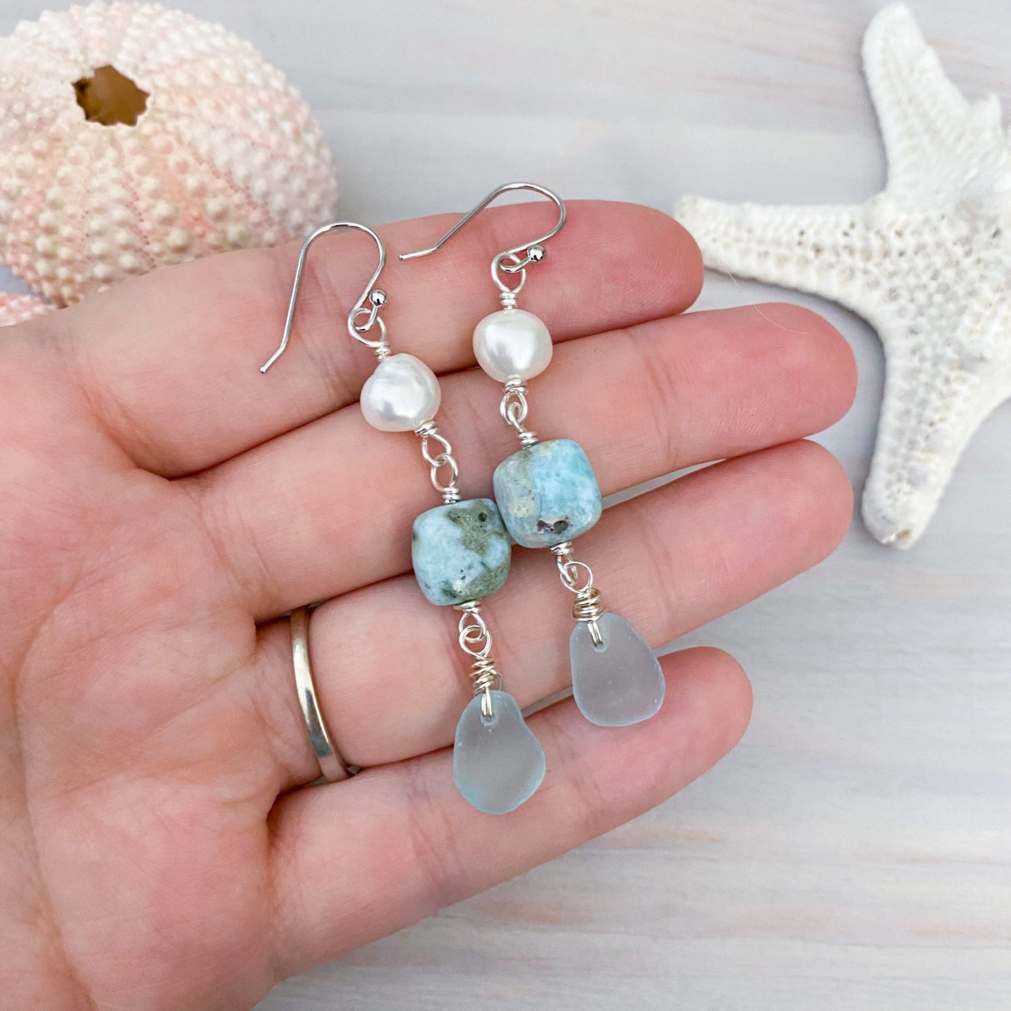 Pearl, Larimar, & Sea Glass Dangle Earring