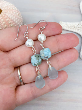 Pearl, Larimar, & Sea Glass Dangle Earring
