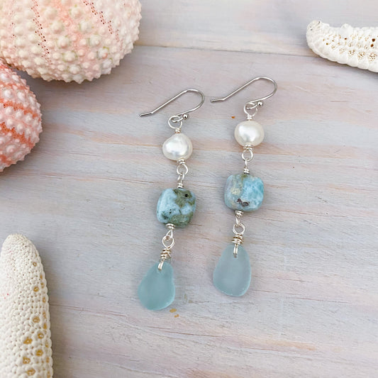 Pearl, Larimar, & Sea Glass Dangle Earring