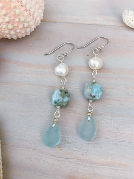 Pearl, Larimar, & Sea Glass Dangle Earring