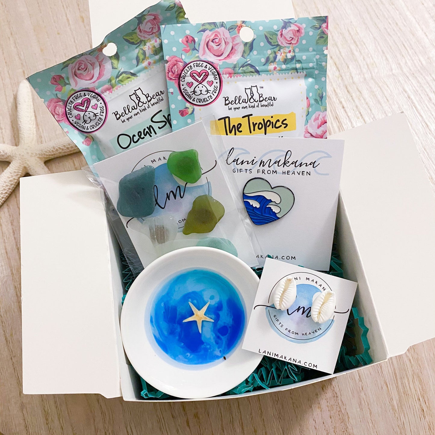 Beach Lover Gift Box - Sea Glass Magnets, Resin Ring Bowl, & Cowrie Stud Earrings