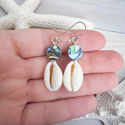 Abalone Cowrie Shell Earrings - Beach Boho Seashell Earrings