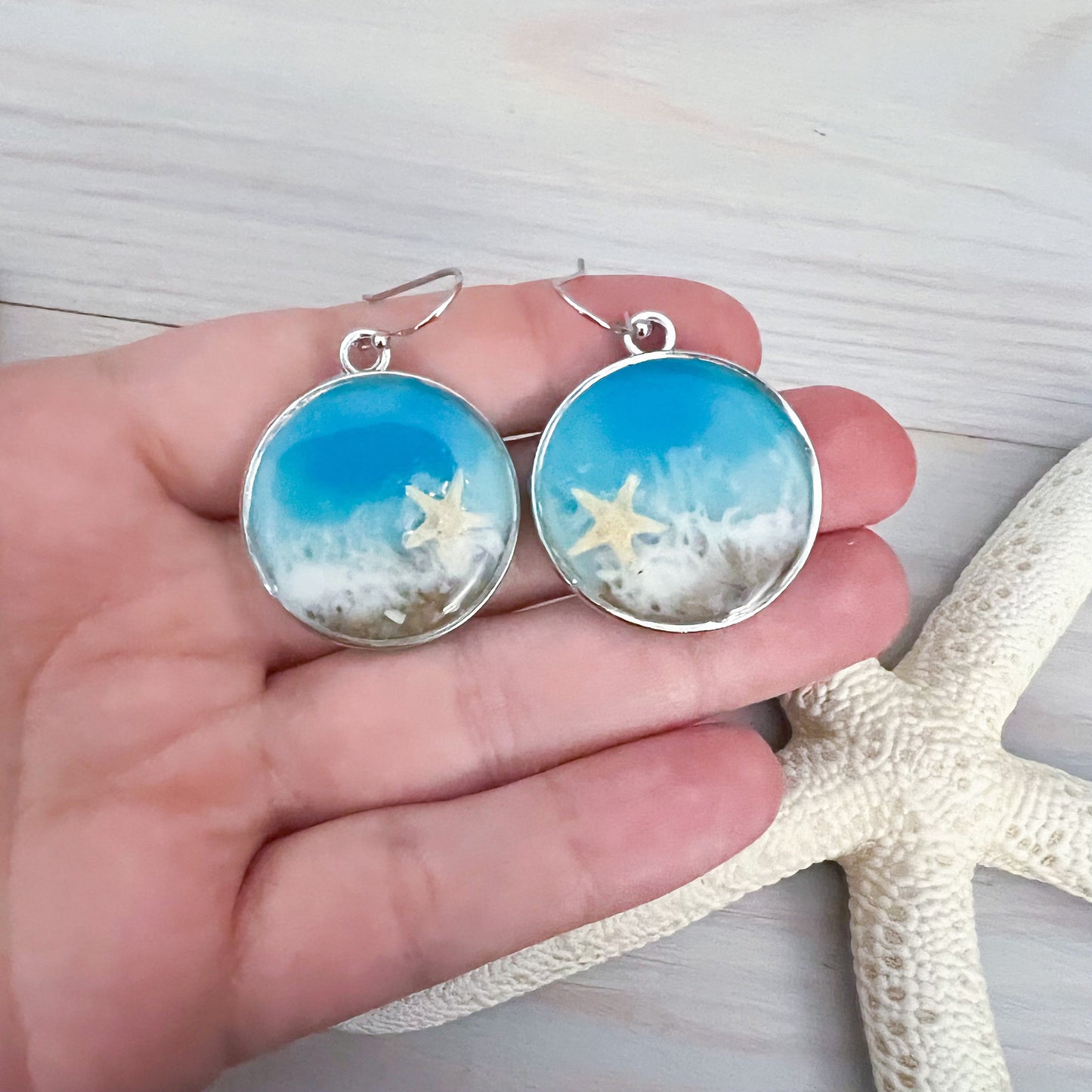 Circle Beach Resin Drop Earrings - Handmade Ocean Resin Art