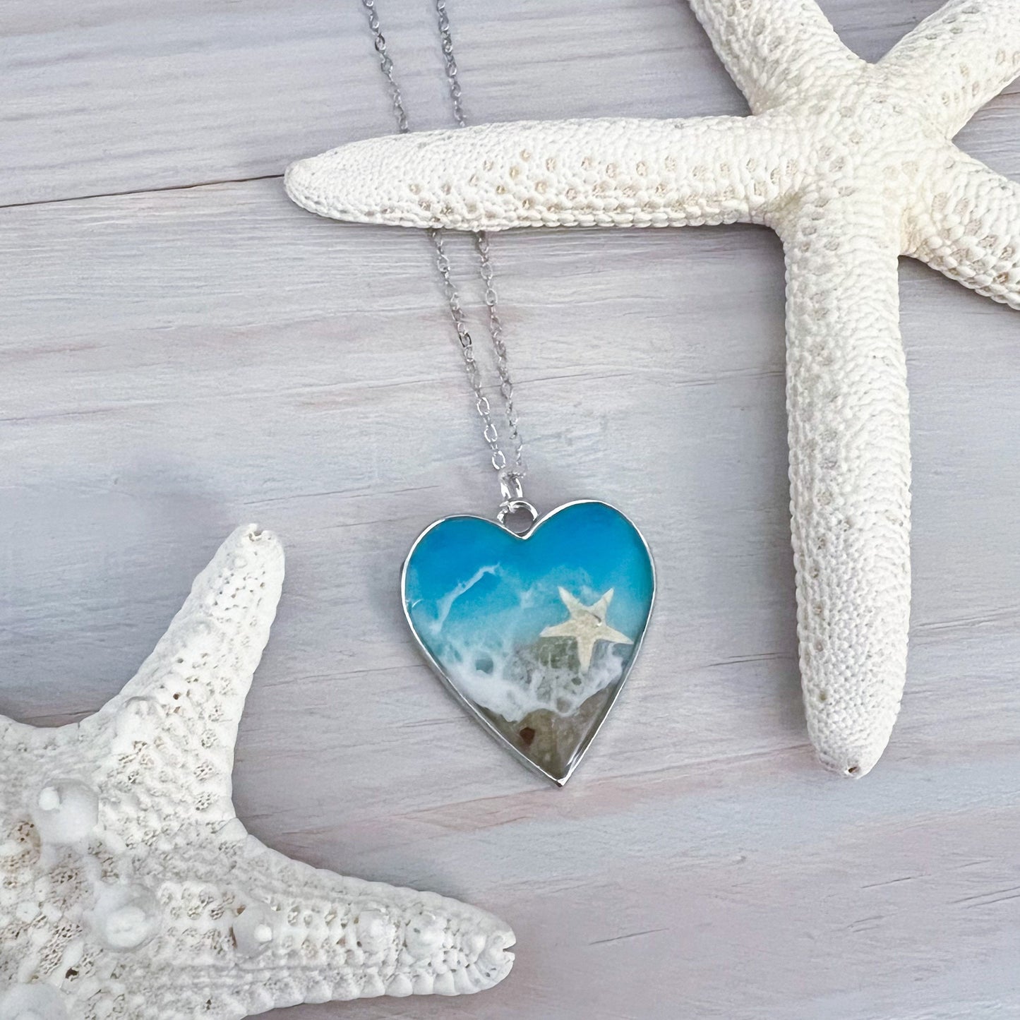Heart Beach Resin Pendant Necklace - Handmade Ocean Resin Art