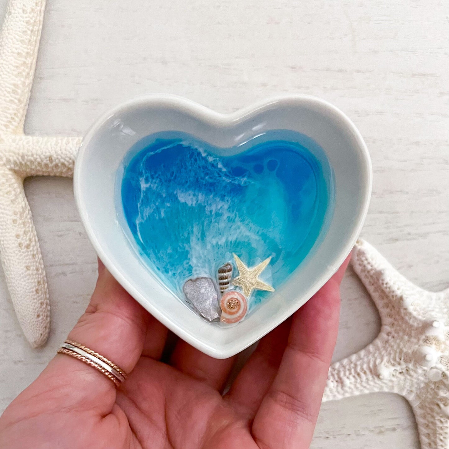 Resin Beach Heart Dish with Starfish and Shell Accent - Handmade Ocean Resin Art
