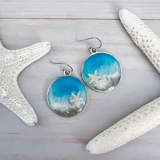 Circle Beach Resin Drop Earrings - Handmade Ocean Resin Art
