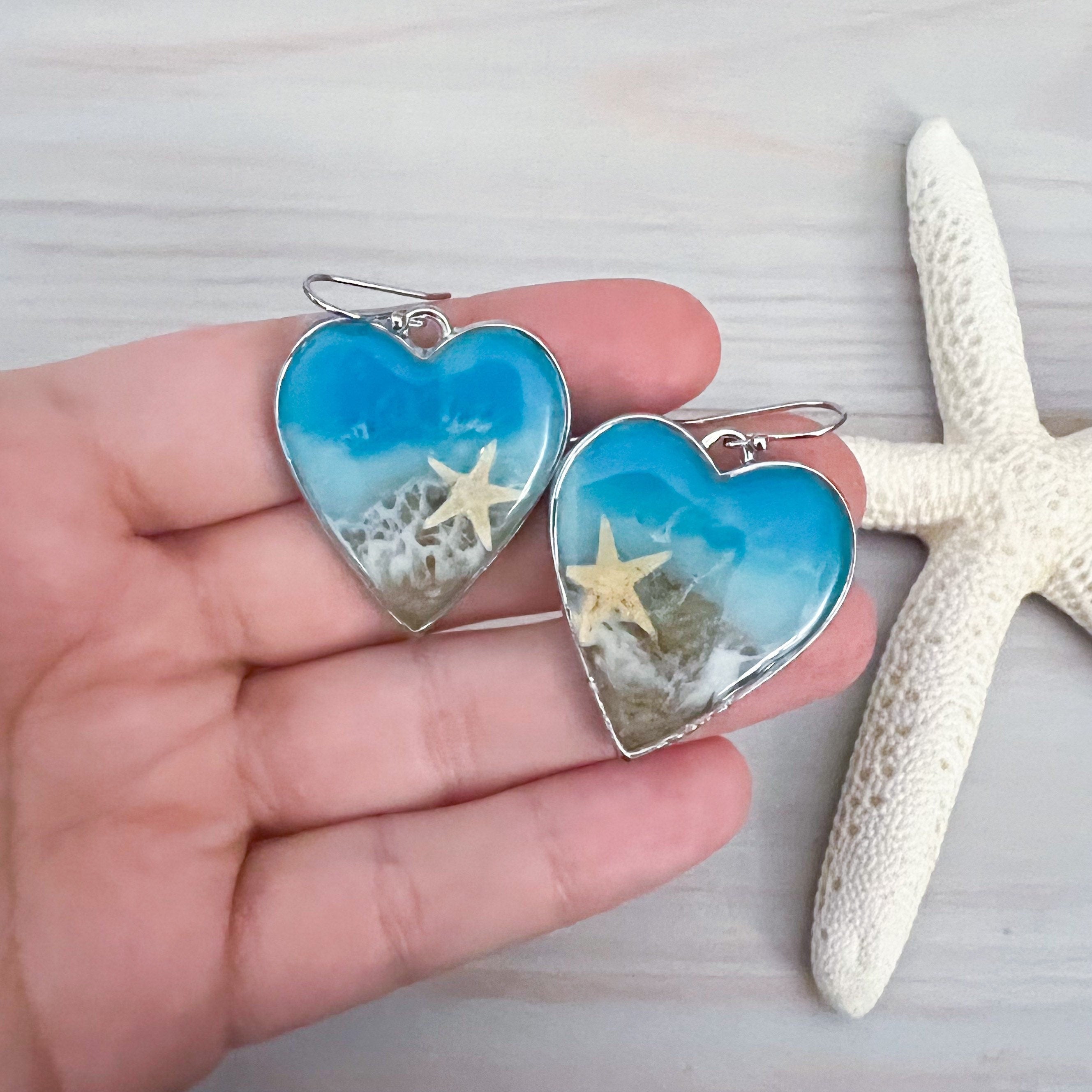 Earrings with heart inspired by the newest sea and marine life, 100% handmade resin jewelry