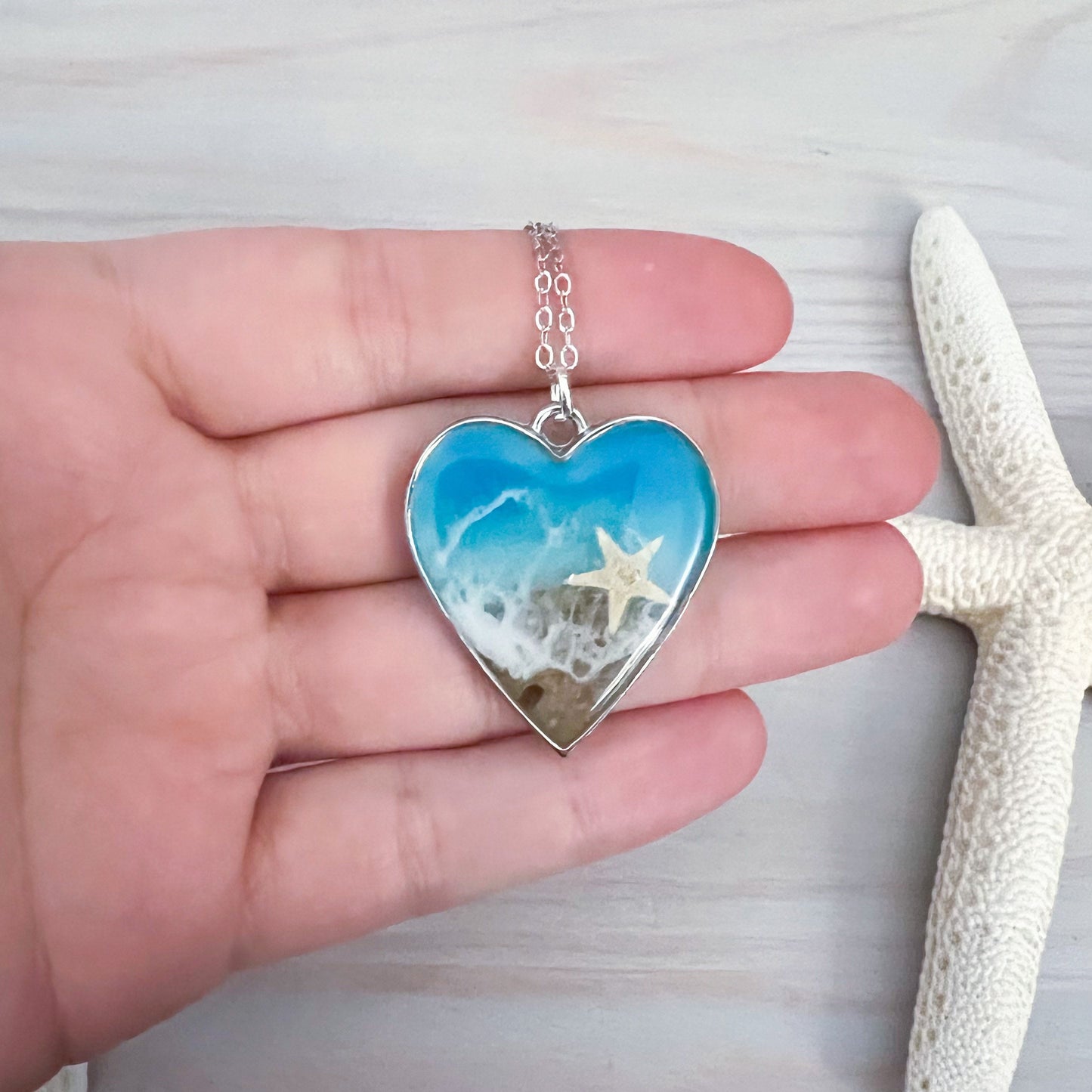 Heart Beach Resin Pendant Necklace - Handmade Ocean Resin Art