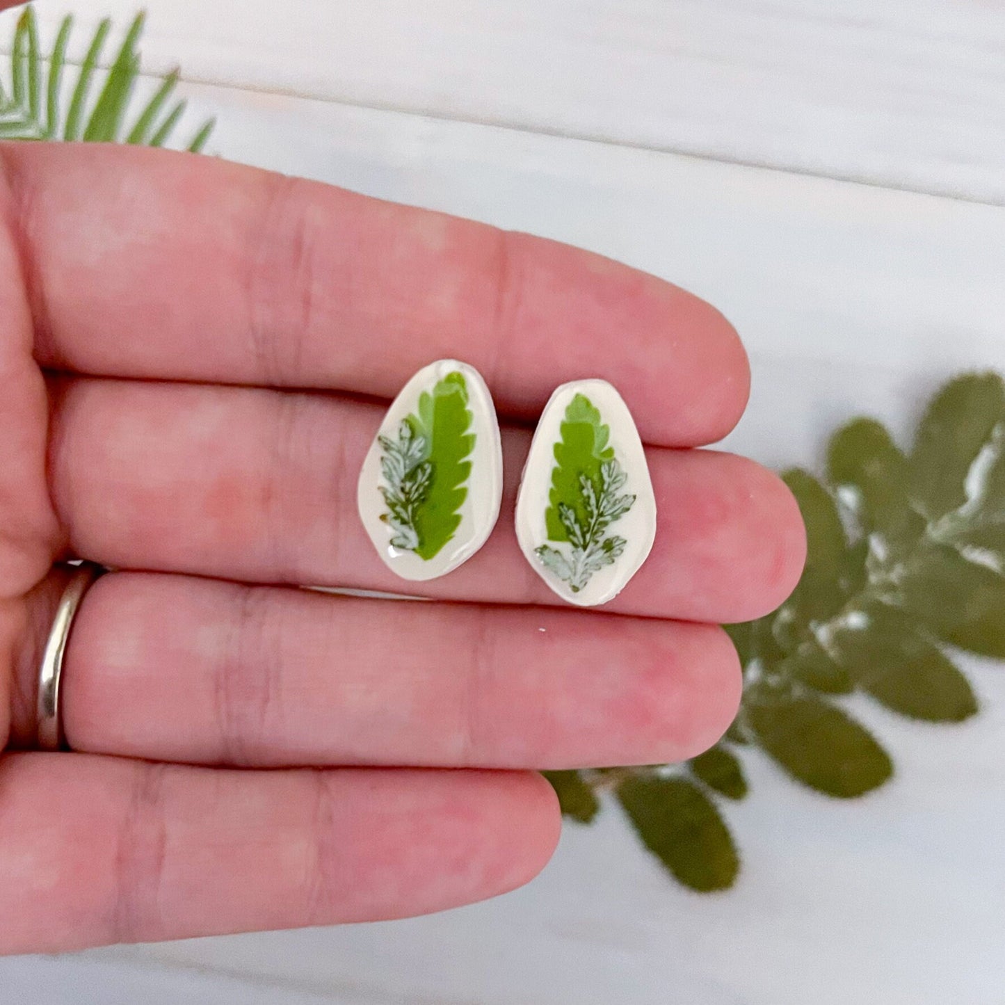 Pressed Leaf Stud Earrings | Handmade Lightweight Polymer Clay Earrings