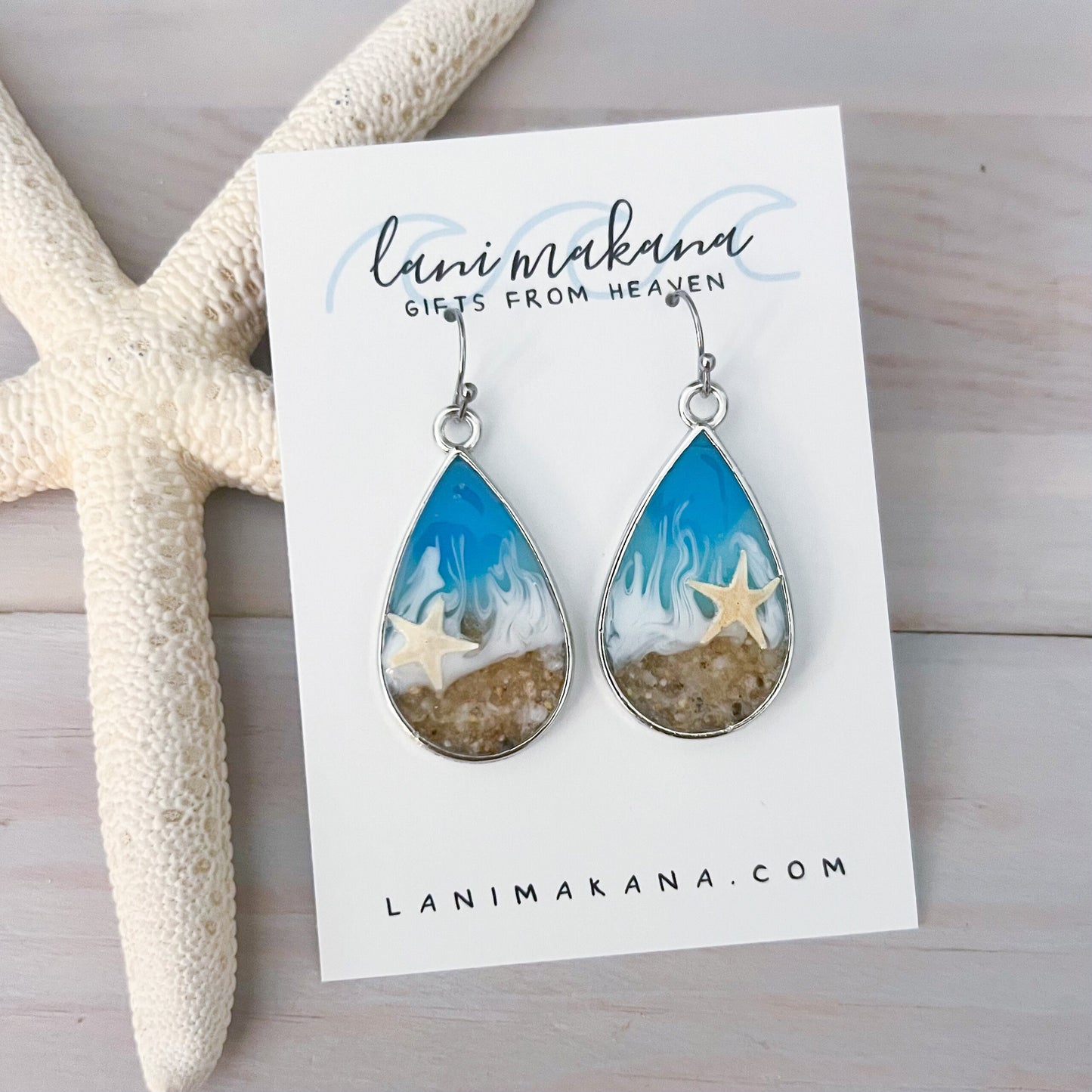 Teardrop Beach Resin Drop Earrings - Handmade Ocean Resin Art