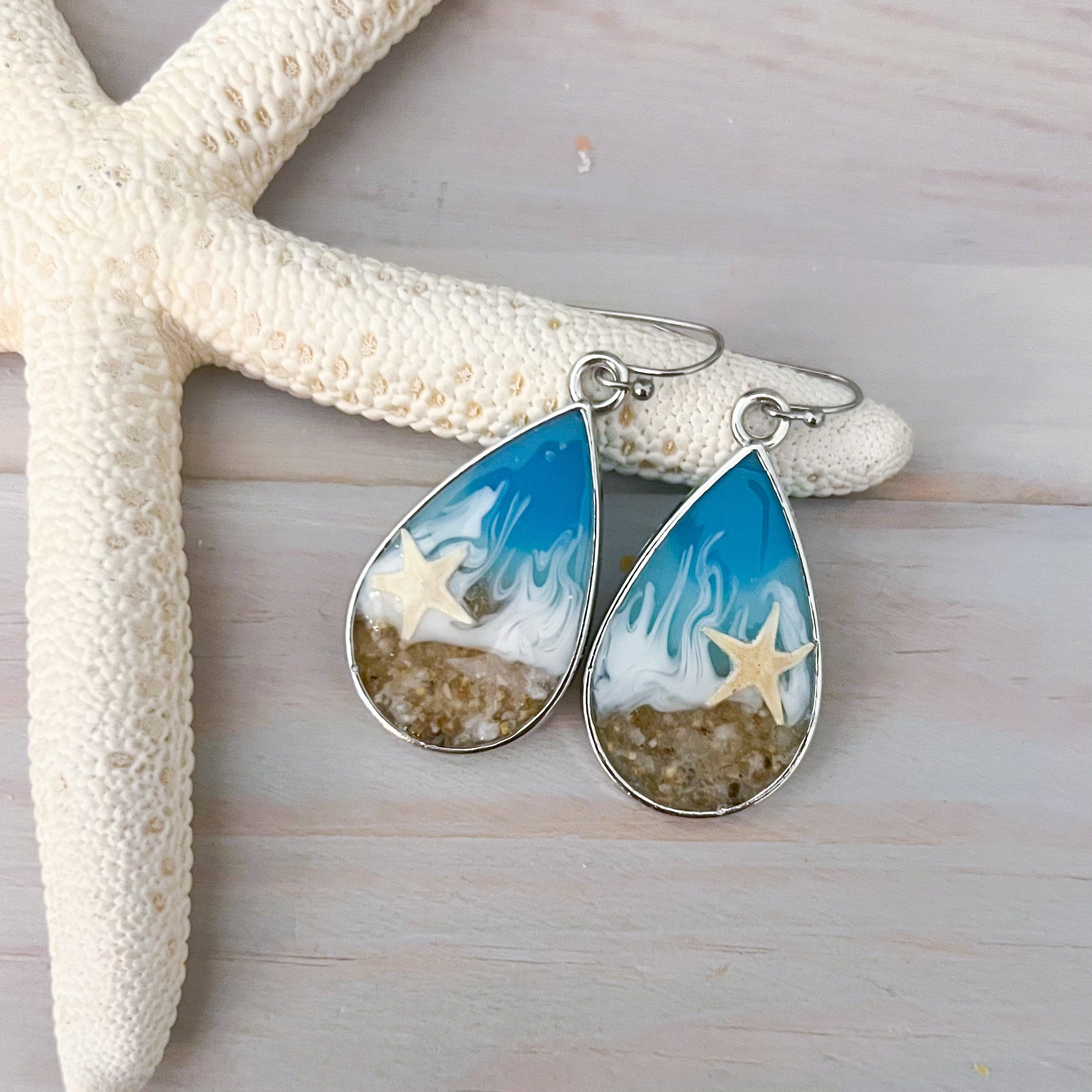 Teardrop Beach Resin Drop Earrings - Handmade Ocean Resin Art