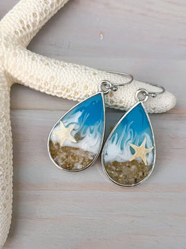 Teardrop Beach Resin Drop Earrings - Handmade Ocean Resin Art