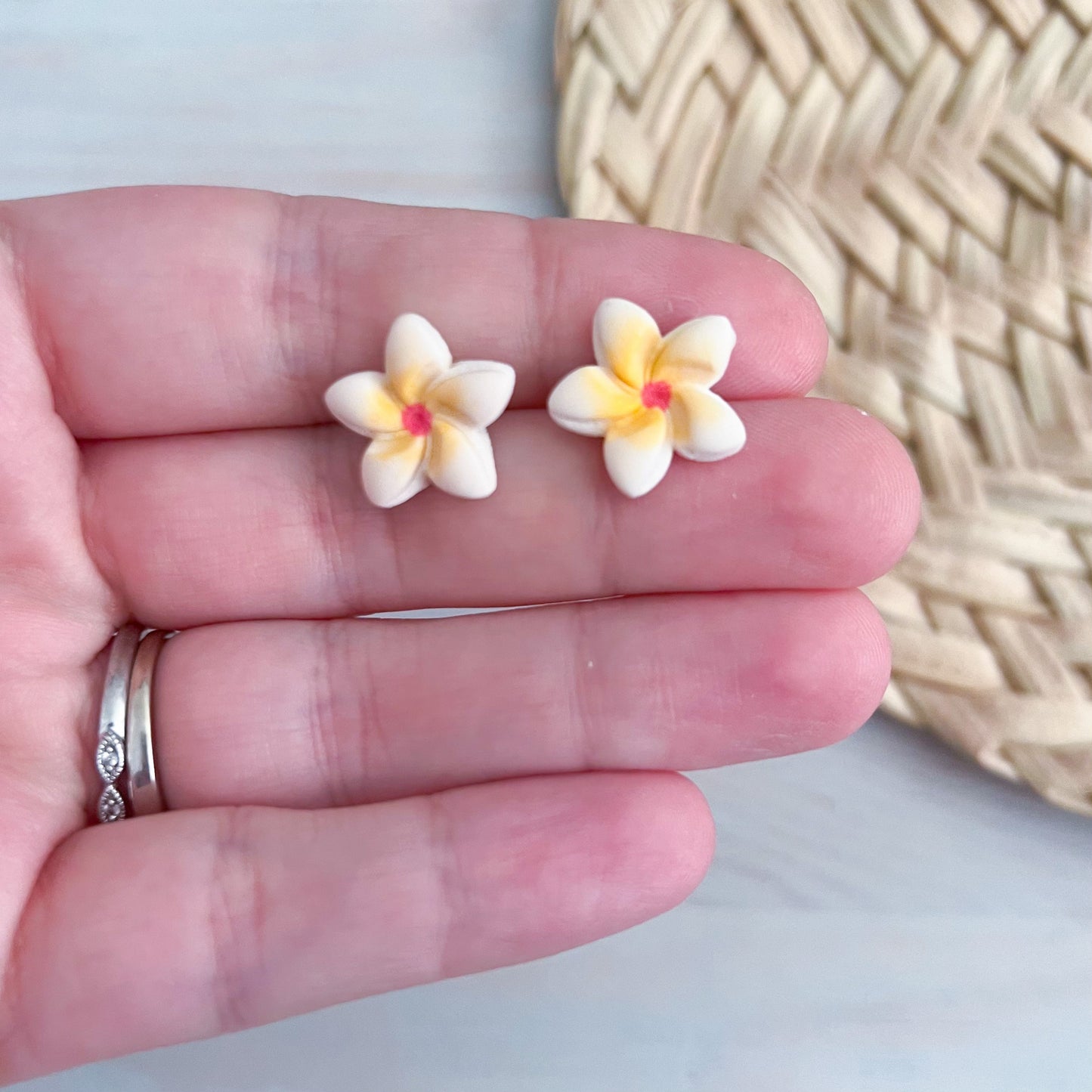 Plumeria Flower Clay Stud Earrings | Handmade Lightweight Polymer Clay Earrings