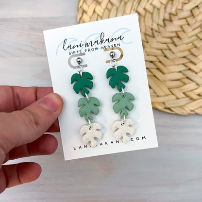 Classic Monstera Triple Dangle Earrings | Handmade Lightweight Polymer Clay Earrings