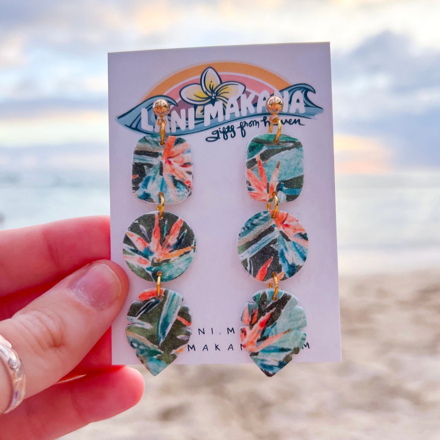 Watercolor Hawaiian Print Dangle Clay Earrings | Handmade Lightweight Polymer Clay Earrings