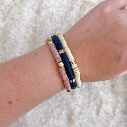 Mauve & Navy Heishi Beaded Bracelet Stack