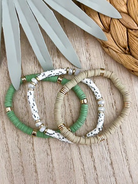 Sage Sand Heishi Beaded Bracelet Stack