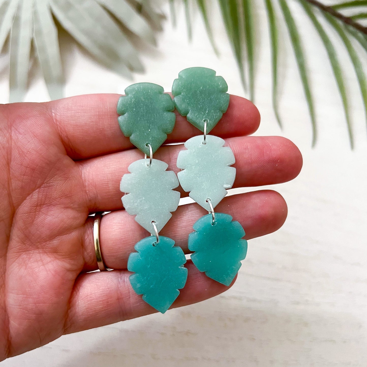 Sea Glass Inspired Triple Leaf Dangle Earrings | Handmade Lightweight Polymer Clay Earrings