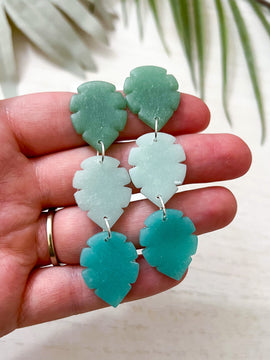 Sea Glass Inspired Triple Leaf Dangle Earrings | Handmade Lightweight Polymer Clay Earrings