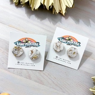 White Metallic Marble Clay Stud Earrings | Handmade Lightweight Polymer Clay Earrings