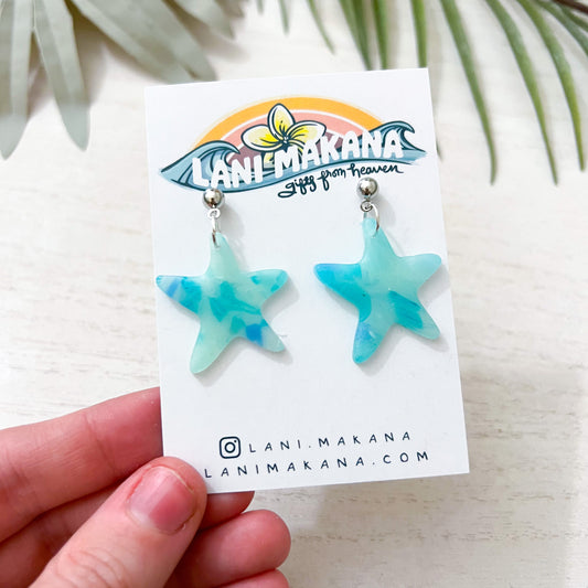 Sea Glass Marble Starfish Clay Dangle Earrings | Handmade Lightweight Polymer Clay Earrings