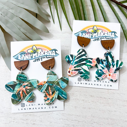 Watercolor Hawaiian Print Plumeria Clay Earrings | Handmade Lightweight Polymer Clay Earrings