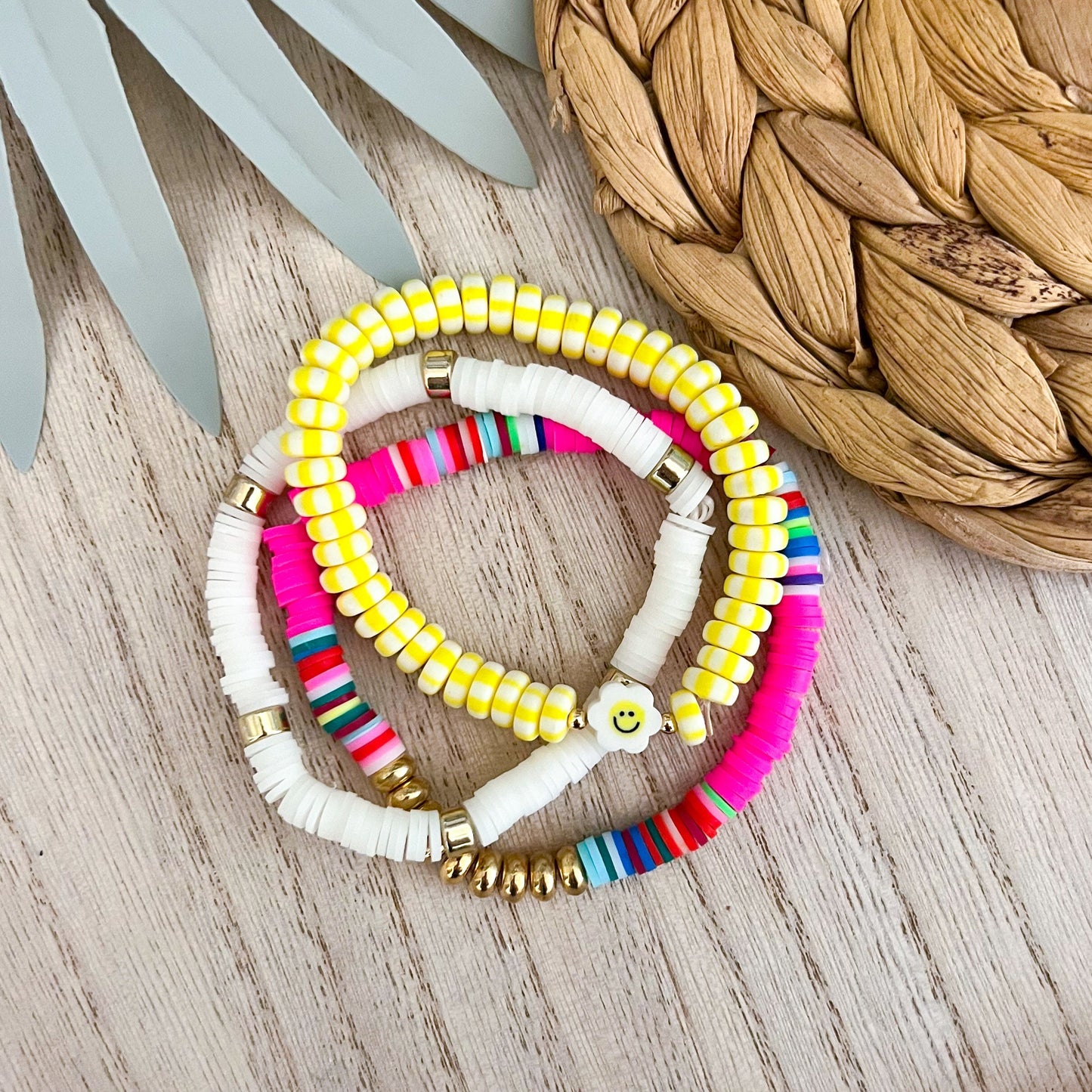 Neon Smiley Heishi Beaded Bracelet Stack