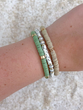 Sage Sand Heishi Beaded Bracelet Stack