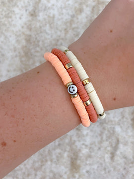 Coral Smiley Heishi Beaded Bracelet Stack