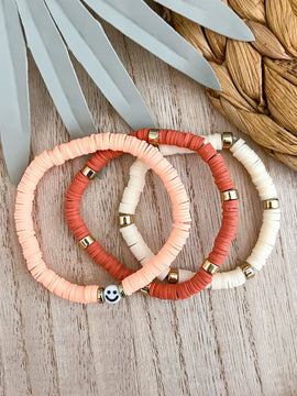 Coral Smiley Heishi Beaded Bracelet Stack