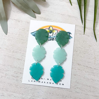 Sea Glass Inspired Triple Leaf Dangle Earrings | Handmade Lightweight Polymer Clay Earrings