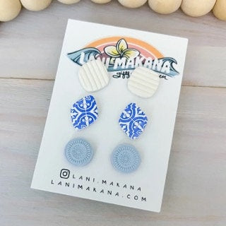 Beachy Blue Geometric Clay Stud Set | Handmade Lightweight Polymer Clay Earrings