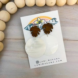 Wood Monstera & Mother of Pearl Dangle Earrings