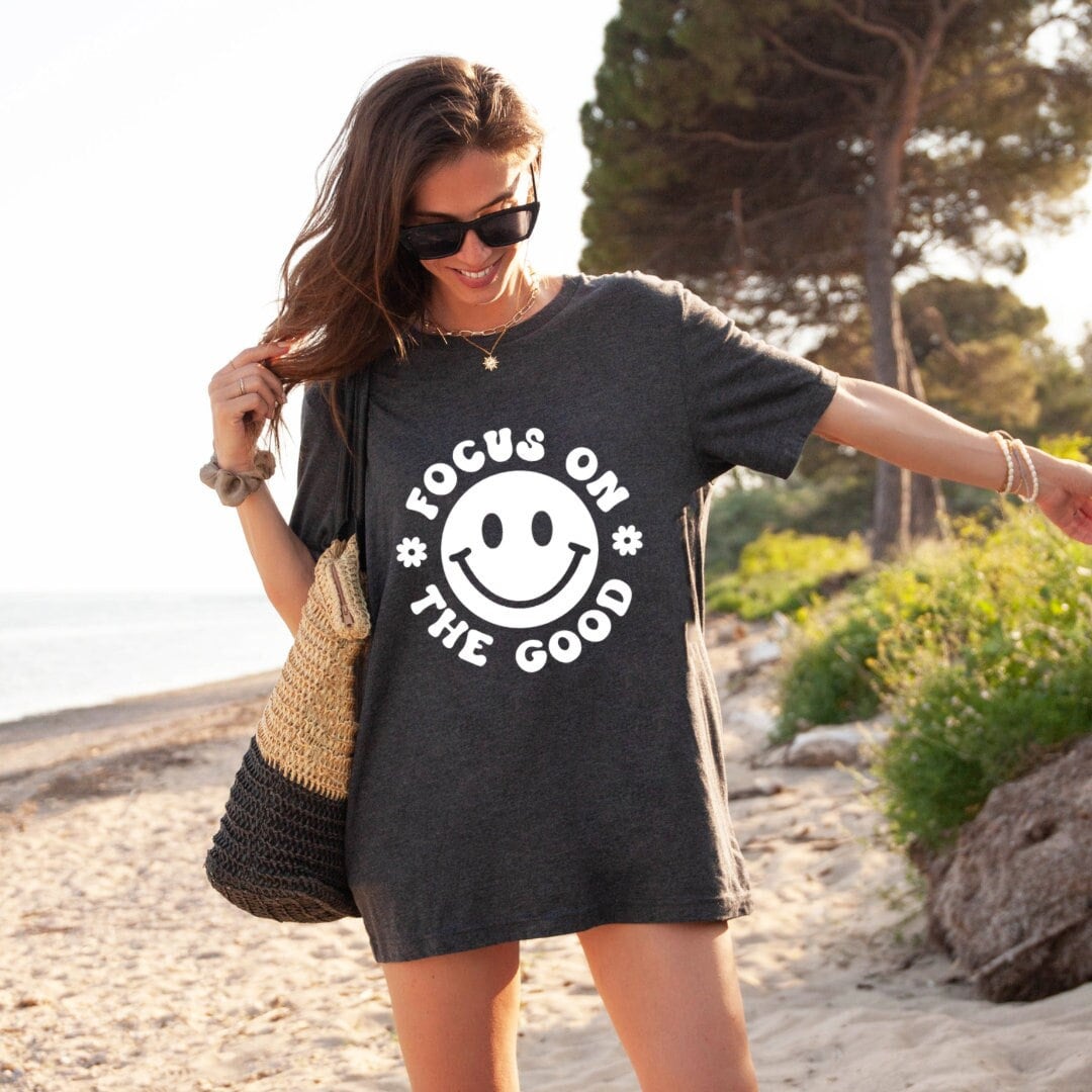 Focus on the Good Smiley Tee - Happy Face Oversized Tee - Happy Women’s Shirt - Bella + Canvas Unisex Tee