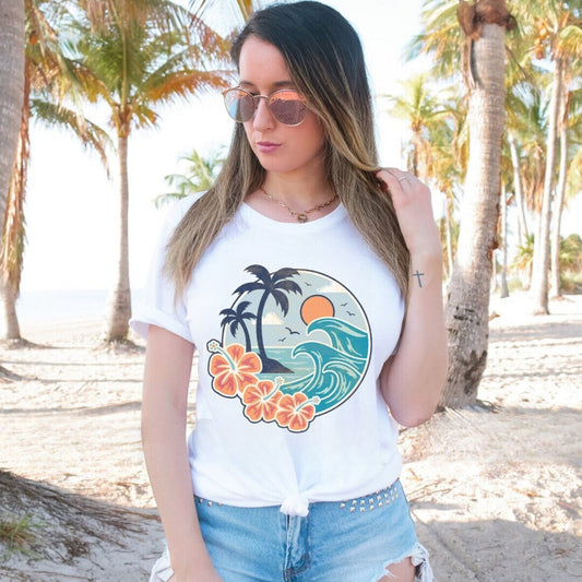 Tropical Waves Beach Tee - Summer Aesthetic - Hawaiian Beach Tee - Oversized Beach Girls Tee - Bella Canvas Unisex Tee