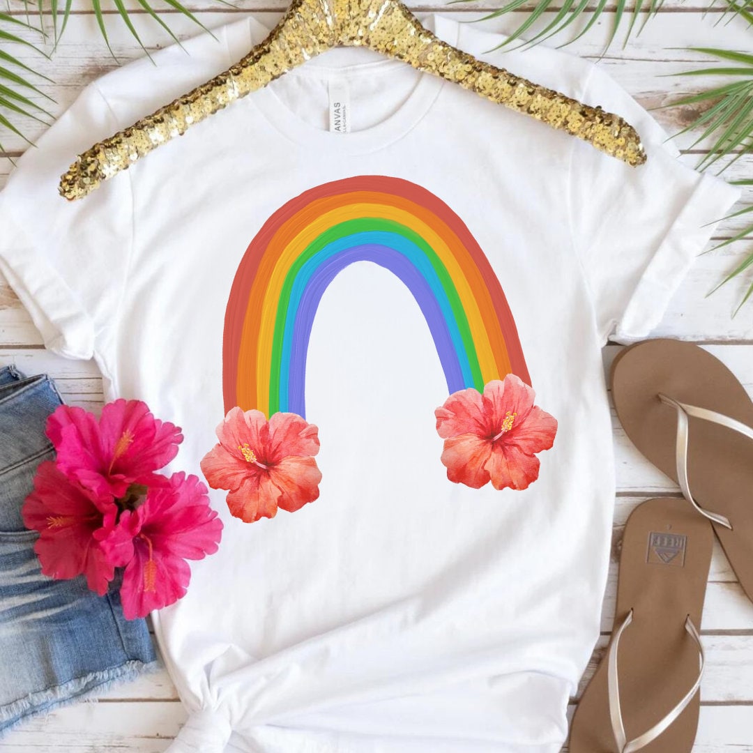 Hawaiian Hibiscus Rainbow Tee - Hawaiian T Shirt - Rainbow Beach Tee - Floral Rainbow - White Bella Canvas Women's Unisex Tee