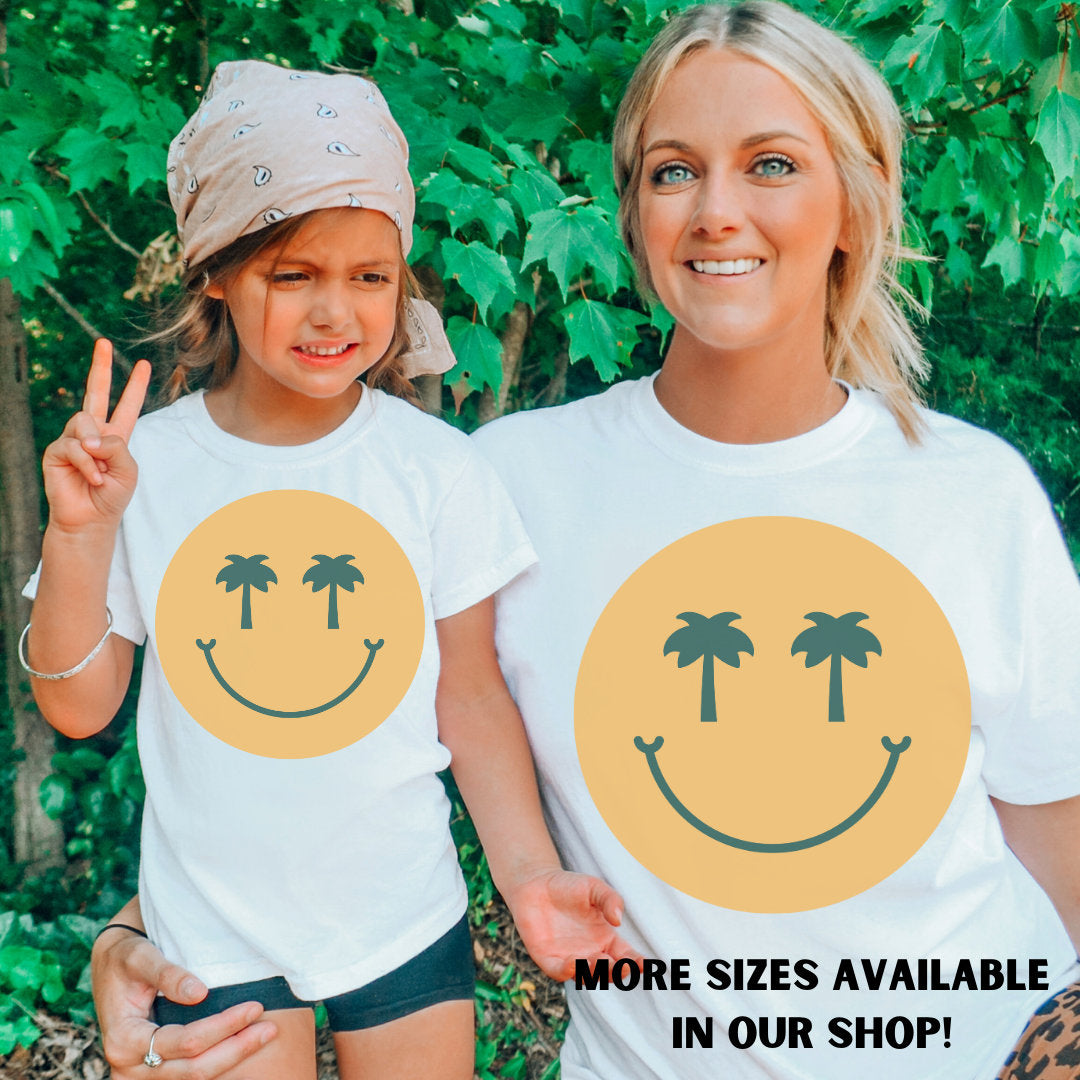 Beach Smiley Tee - Palm Tree Smiley - Happy Face Oversized Tee - Happy Shirt - Summer Vacation Beach - White Bella Canvas Women's Unisex Tee