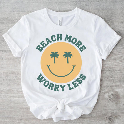 Beach Smiley Tee - Beach More Worry Less - Palm Tree Smiley - Happy Face Oversized Tee - Happy Shirt - White Bella Canvas Women's Unisex Tee