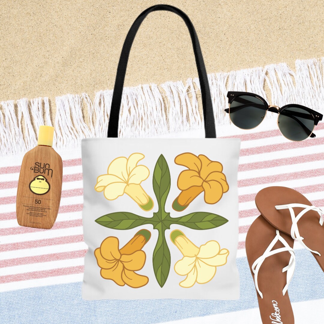 Yellow Hawaiian Flower Quilt Square Tote - Hawaiian Beach Bag - Summer Vacation Bag - Double Sided Beach Tote Bag